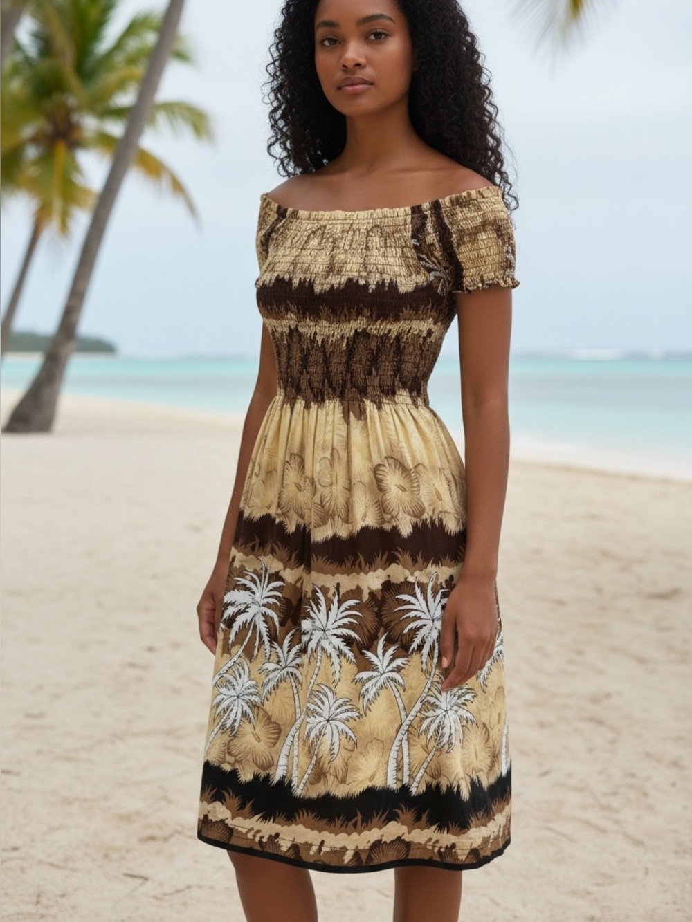 CoCo Beach Hawaii Women's Brown & Cream Tropical Midi Dress with Smocked Bodice